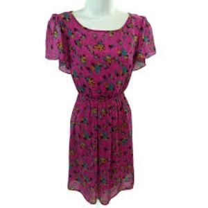 Magenta Floral Skater Dress Flutter Sleeve